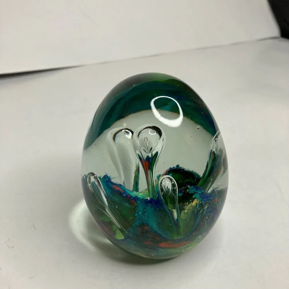 Vintage Art Glass Paperweight Hand Blown Controlled Bubbles Colorful Egg Shaped